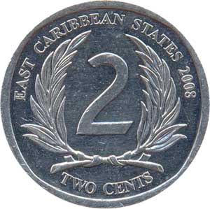 Внешний вид 2 (двух) центов Восточно-карибского доллара (реверс)