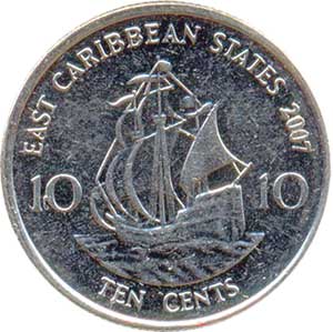 Внешний вид 10 (десяти) центов Восточно-карибского доллара (аверс)