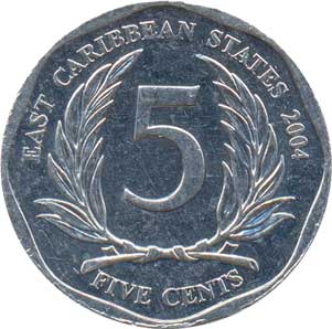 Внешний вид 5 (пяти) центов Восточно-карибского доллара (реверс)