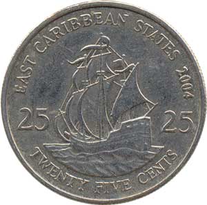 Внешний вид 25 (двадцати пяти) центов Восточно-карибского доллара (аверс)