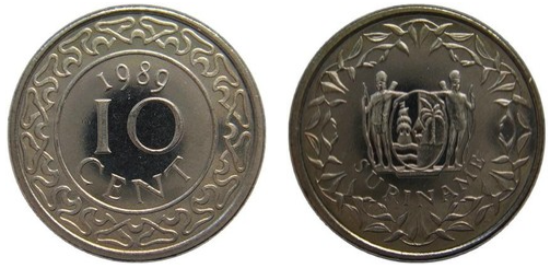 Внешний вид 10 (десяти) центов суринамского доллара