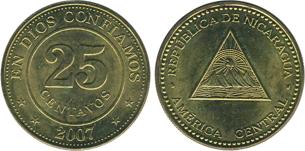 Внешний вид 25 (двадцати пяти) сентаво никарагуанской кордобы