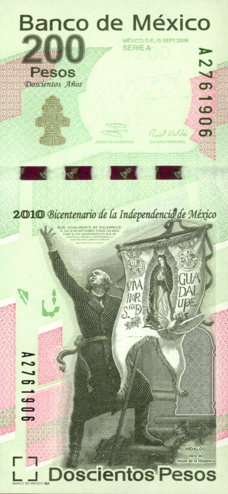 Внешний вид 200 (двухсот) мексиканских песо, посвящённых памяти о начале движения за независимость, с изображением Мигеля Идальго Костила с баннером, который стал флагом повстанческой армии (аверс)
