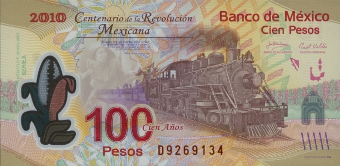 Внешний вид 100 (ста) мексиканских песо с изображением локомотива революционных войск 1910 года (аверс)