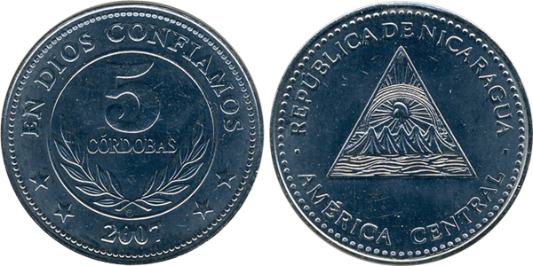 Внешний вид 5 (пяти) никарагуанских кордоб