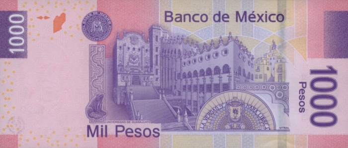 Внешний вид 1 000 (одной тысячи) мексиканских песо с изображением и университета Гуанахуато (реверс)
