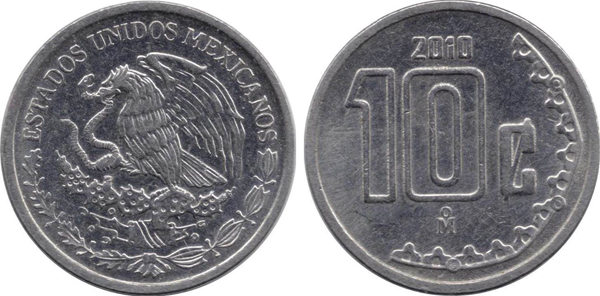 Внешний вид 10 (десяти) сентаво мексиканского песо