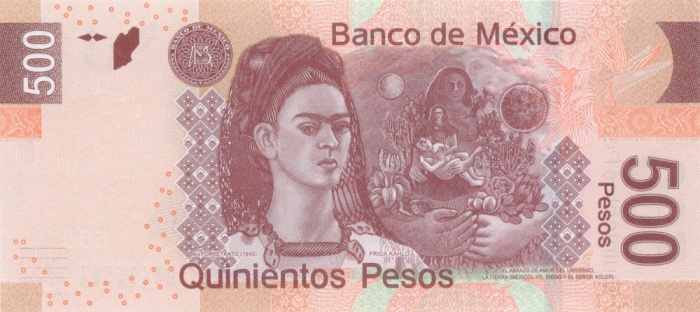 Внешний вид 500 (пятисот) мексиканских песо с изображением автопортрета художницы Фриды Кало, в сопровождении одной из своих работ под названием «Любовь – Объятия Вселенной» (реверс)