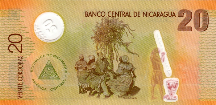 Внешний вид 20 (двадцати) полимерных никарагуанских кордоб с изображением сцены из женского народного танца (реверс)