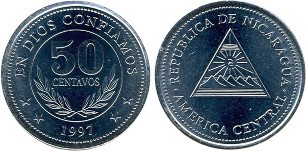 Внешний вид 50 (пятидесяти) сентаво никарагуанской кордобы