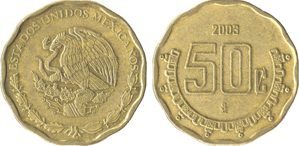 Внешний вид 50 (пятидесяти) сентаво мексиканского песо 2003 года выпуска