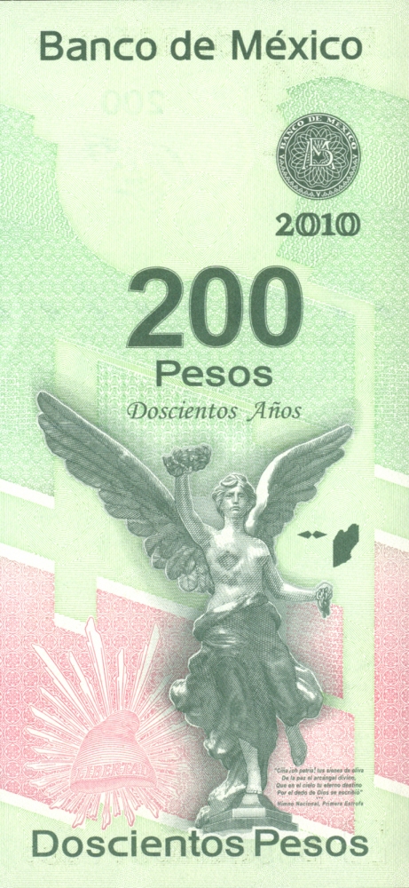 Внешний вид 200 (двухсот) мексиканских песо, посвящённых памяти о начале движения за независимость, с изображением Ангела Независимости, расположенного в Пасео-де-ла-Реформа в Мехико (реверс)