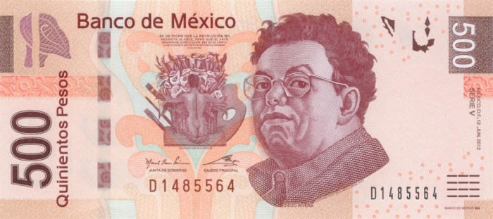 Внешний вид 500 (пятисот) мексиканских песо с изображением автопортрета художника-монументалиста Диего Риверы (аверс)